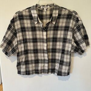BCBGeneration Black, White & Pink Plaid Button Up Top